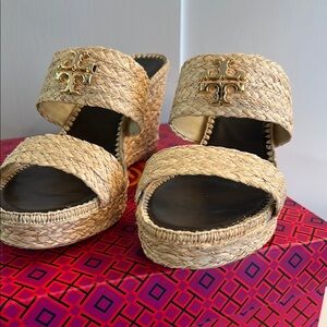 Tory Burch Tan Wedge Sandals with Woven Texture